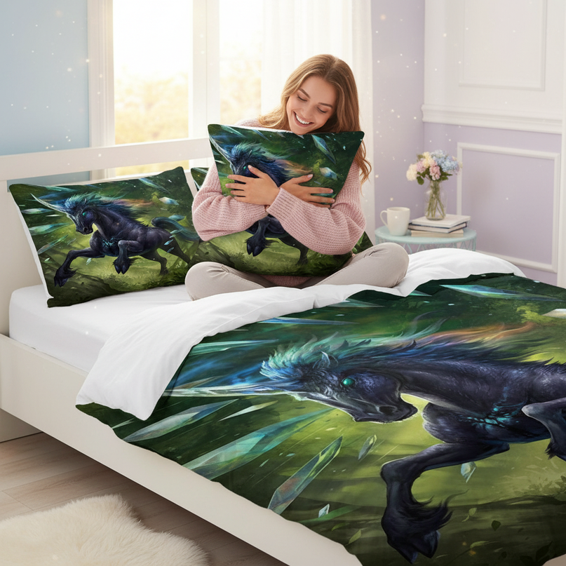 dark crystal unicorn bedding - in-use