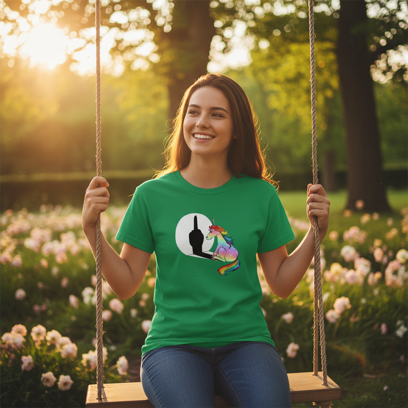 dark green unicorn shirt - in-use