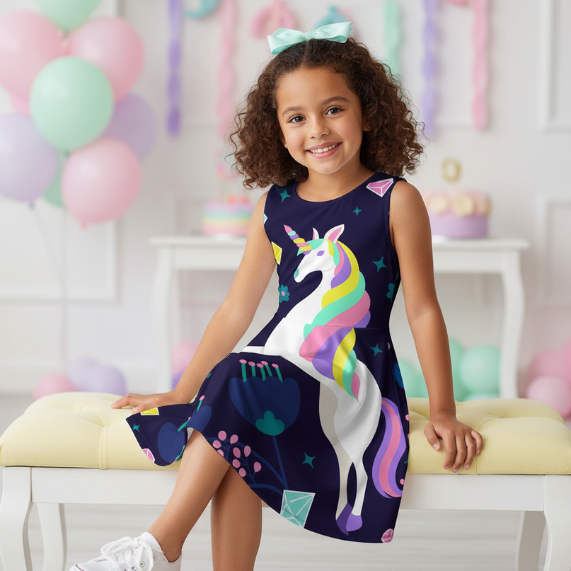 dark navy unicorn dress - sitting