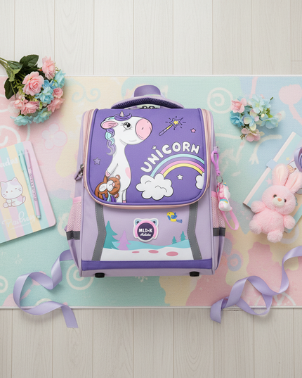 dark purple unicorn waterproof bag backpack - flat-lay