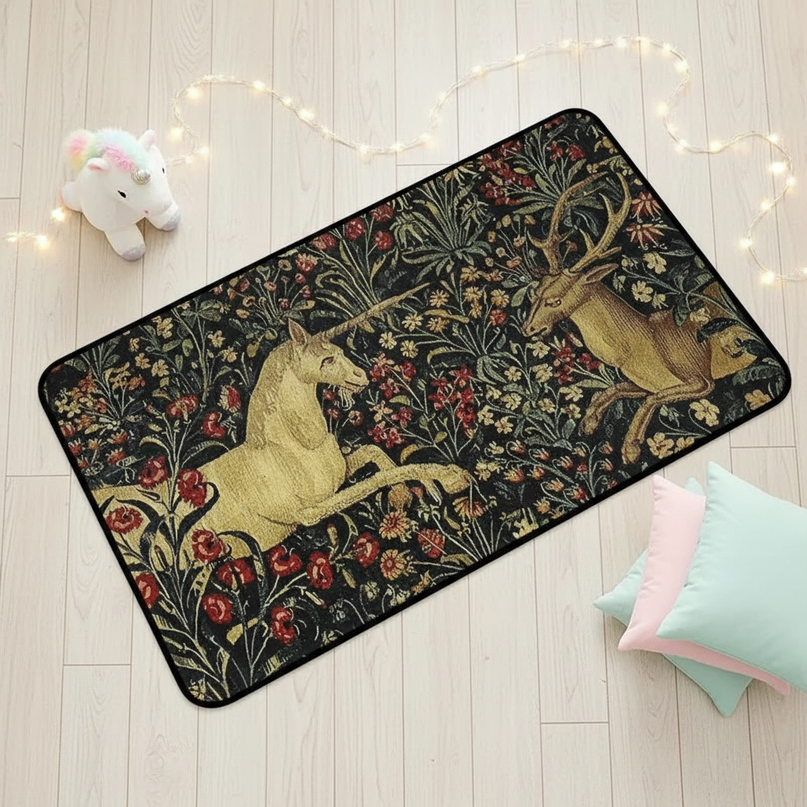 dark unicorn rug - flat-lay