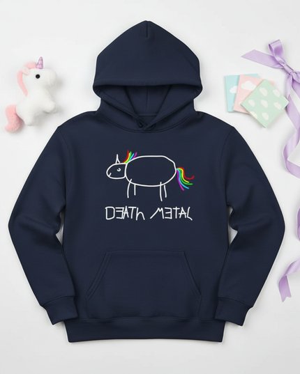 death metal rainbow unicorn hoodie - flat-lay