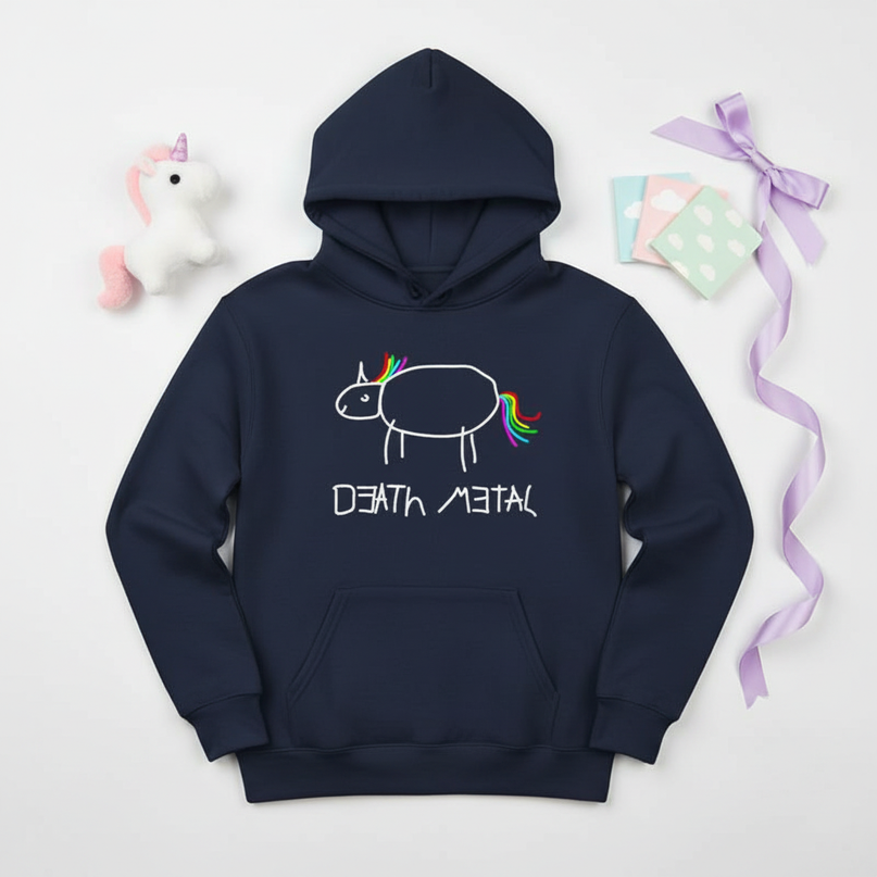 death metal rainbow unicorn hoodie - flat-lay
