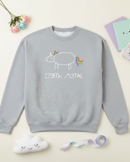 death metal unicorn crewneck sweater - flat-lay