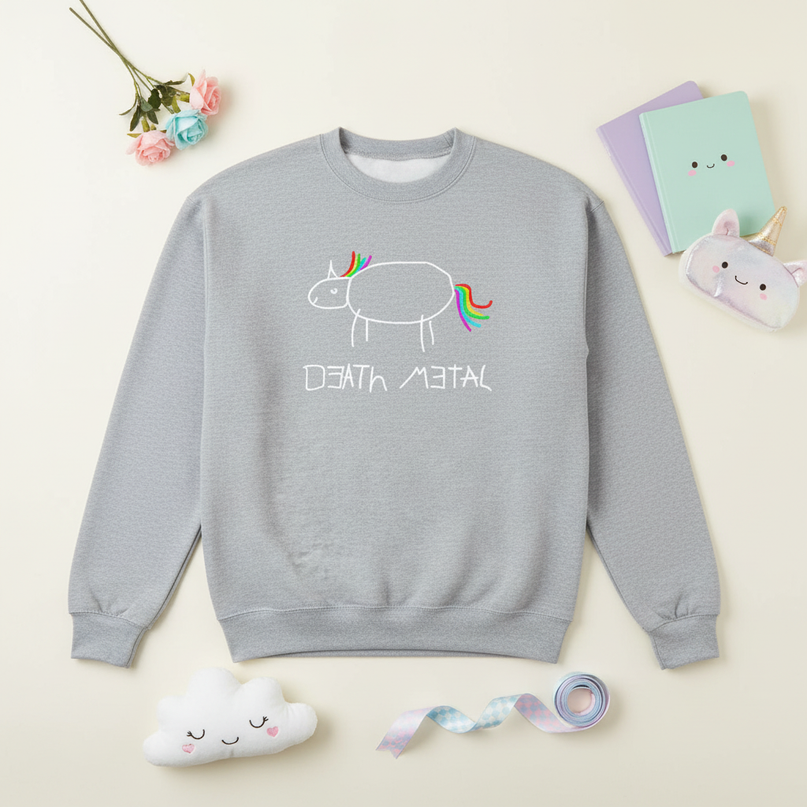 death metal unicorn crewneck sweater - flat-lay