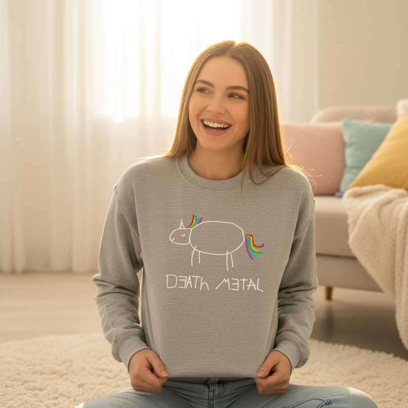 death metal unicorn crewneck sweater - in-use