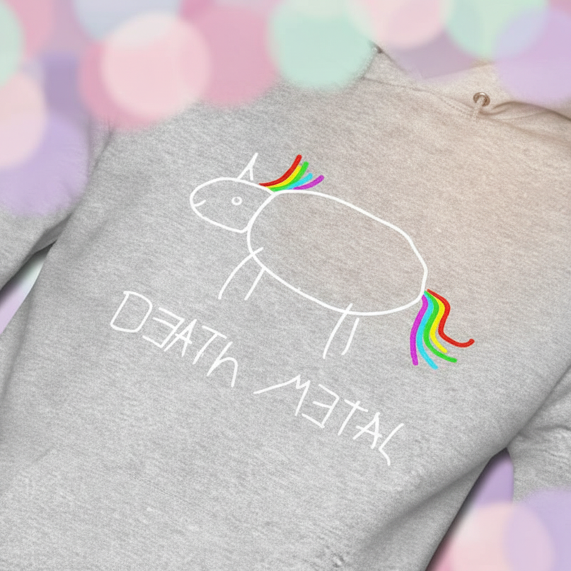 death metal unicorn pullover hoodie - detail