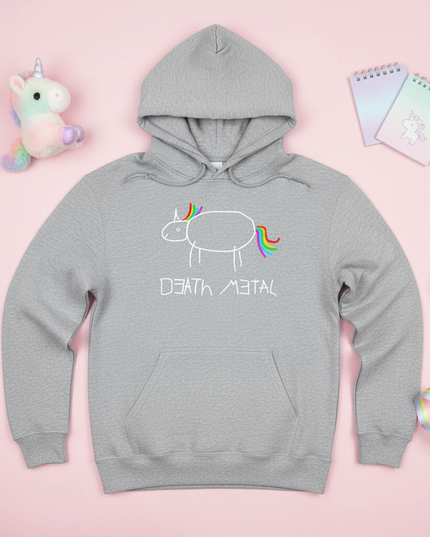 death metal unicorn pullover hoodie - flat-lay