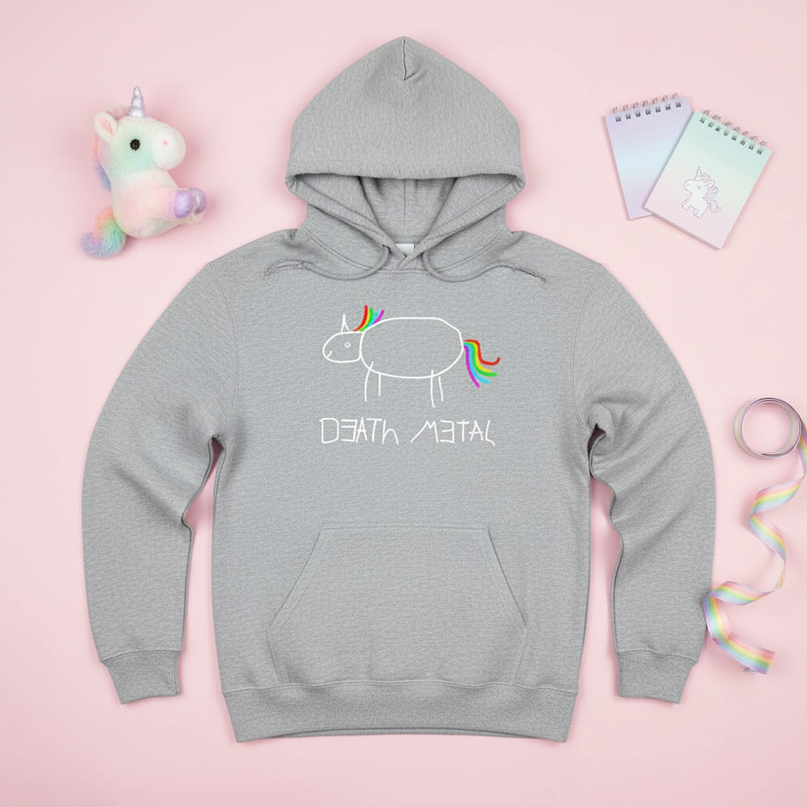 death metal unicorn pullover hoodie - flat-lay
