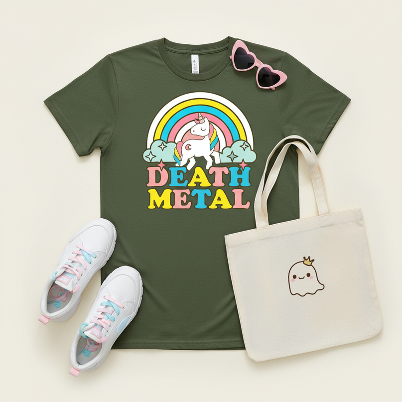 death metal unicorn t shirt - flat-lay