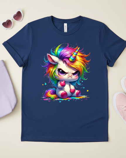 deep blue unicorn cartoon shirt - flat-lay