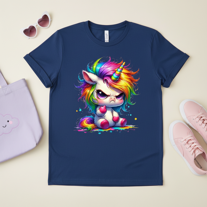 deep blue unicorn cartoon shirt - flat-lay