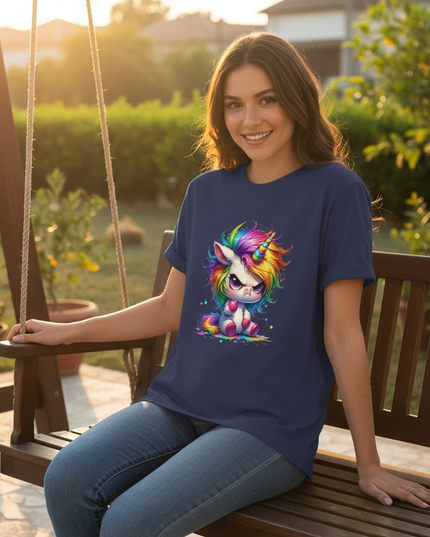 deep blue unicorn cartoon shirt - in-use