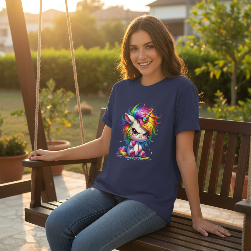 deep blue unicorn cartoon shirt - in-use