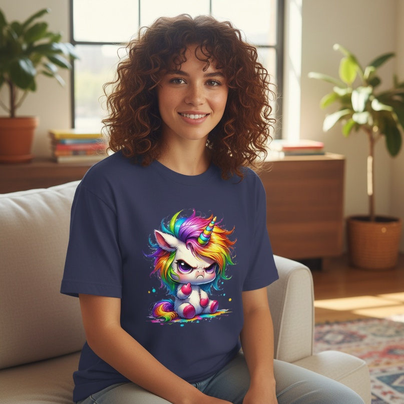 deep blue unicorn cartoon shirt - lifestyle