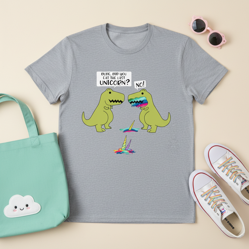 dinosaur ate unicorn shirt - flat-lay