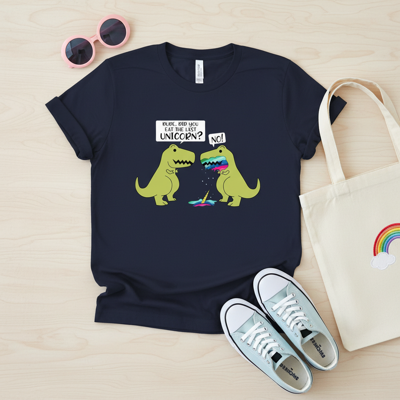 dinosaur vs unicorn shirt - flat-lay