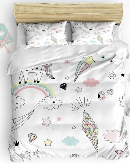 doodle unicorn bedding - flat-lay