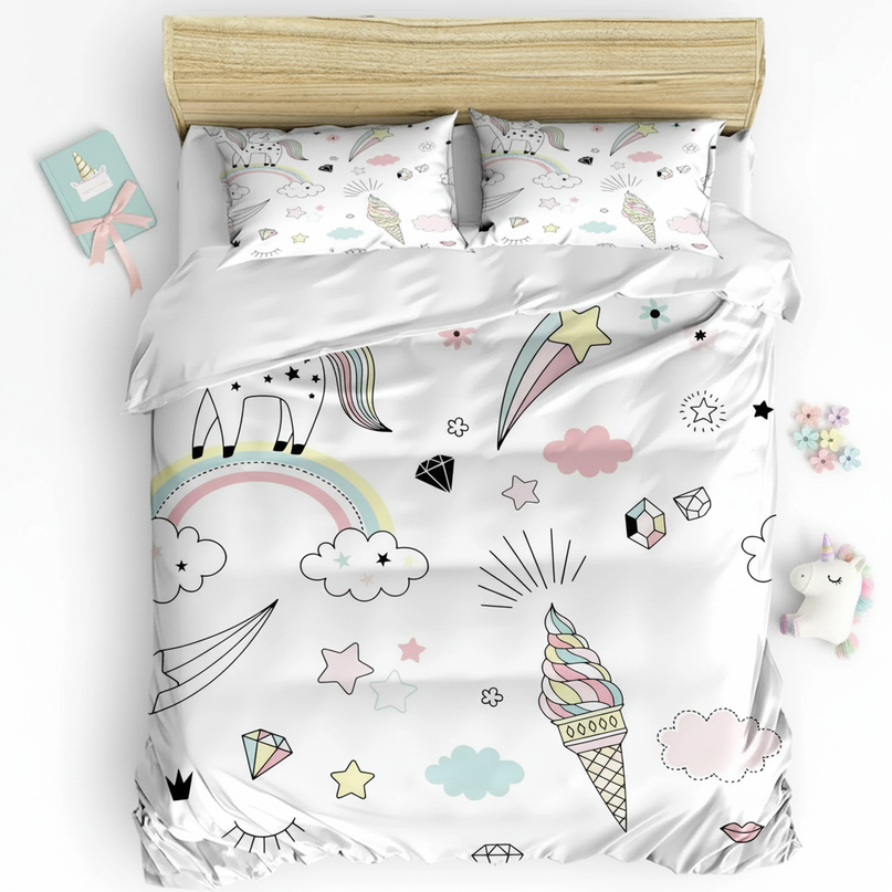 doodle unicorn bedding - flat-lay