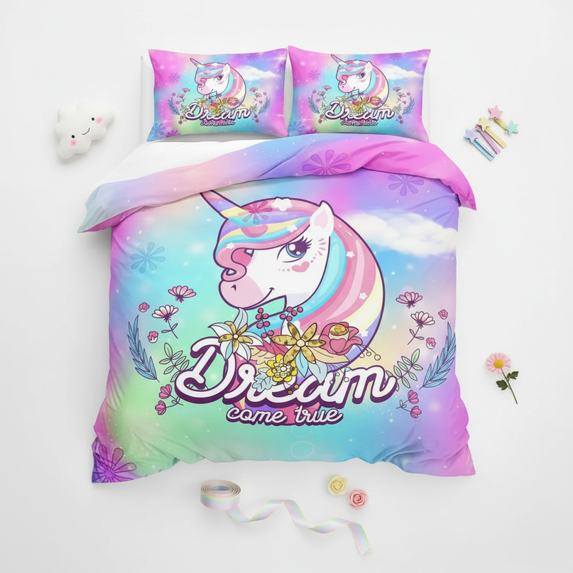 dream come true kawaii unicorn bedding - flat-lay