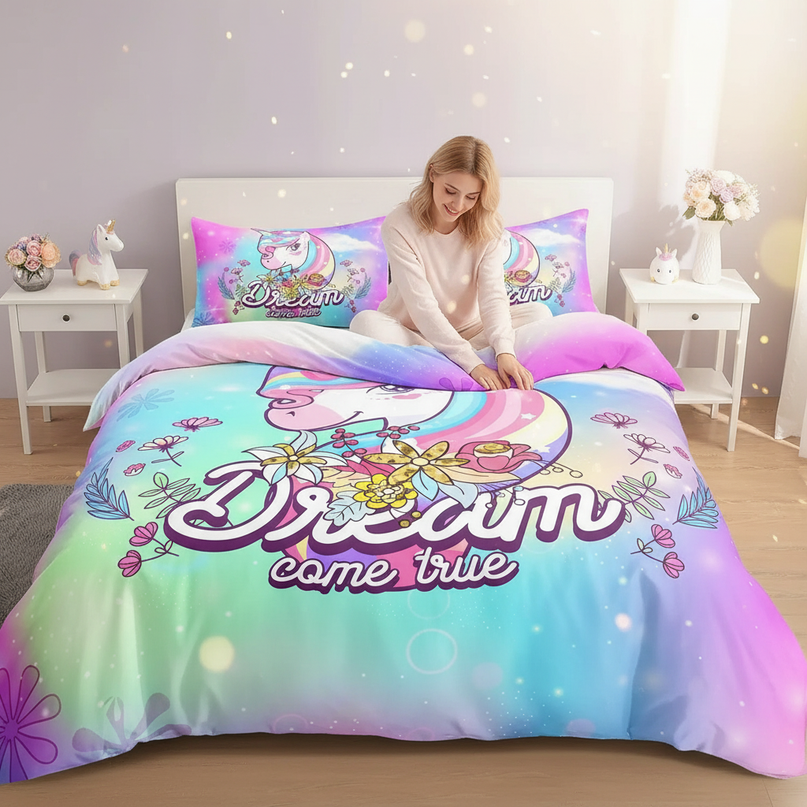 dream come true kawaii unicorn bedding - in-use