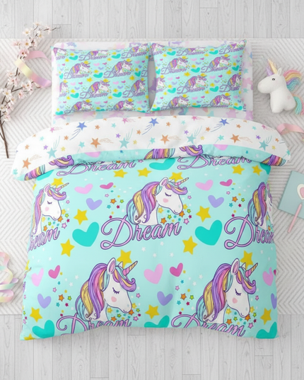 dream heart mint unicorn bedding - flat-lay
