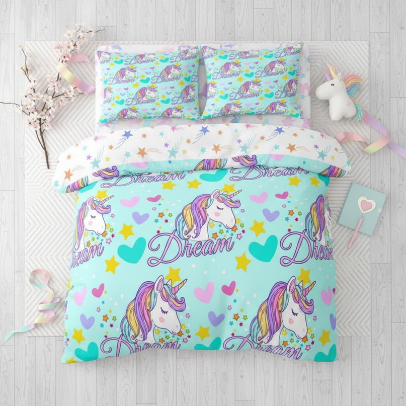 dream heart mint unicorn bedding - flat-lay