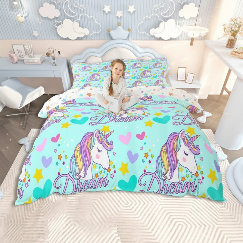dream heart mint unicorn bedding - in-use
