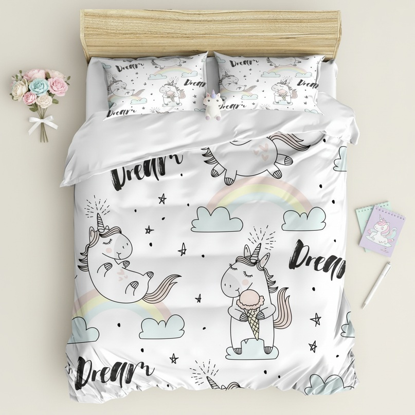dream unicorn bedding - flat-lay