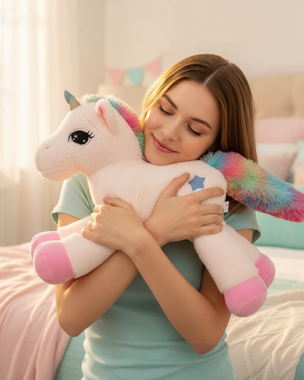 dreamy rainbow unicorn plush doll - in-use