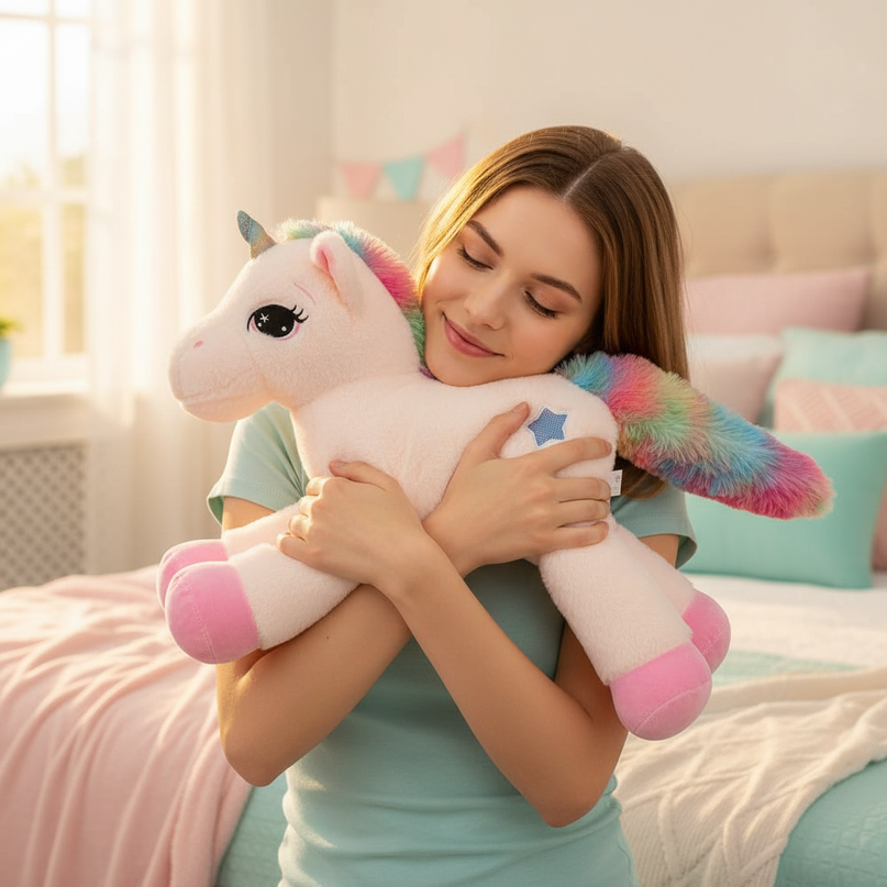 dreamy rainbow unicorn plush doll - in-use
