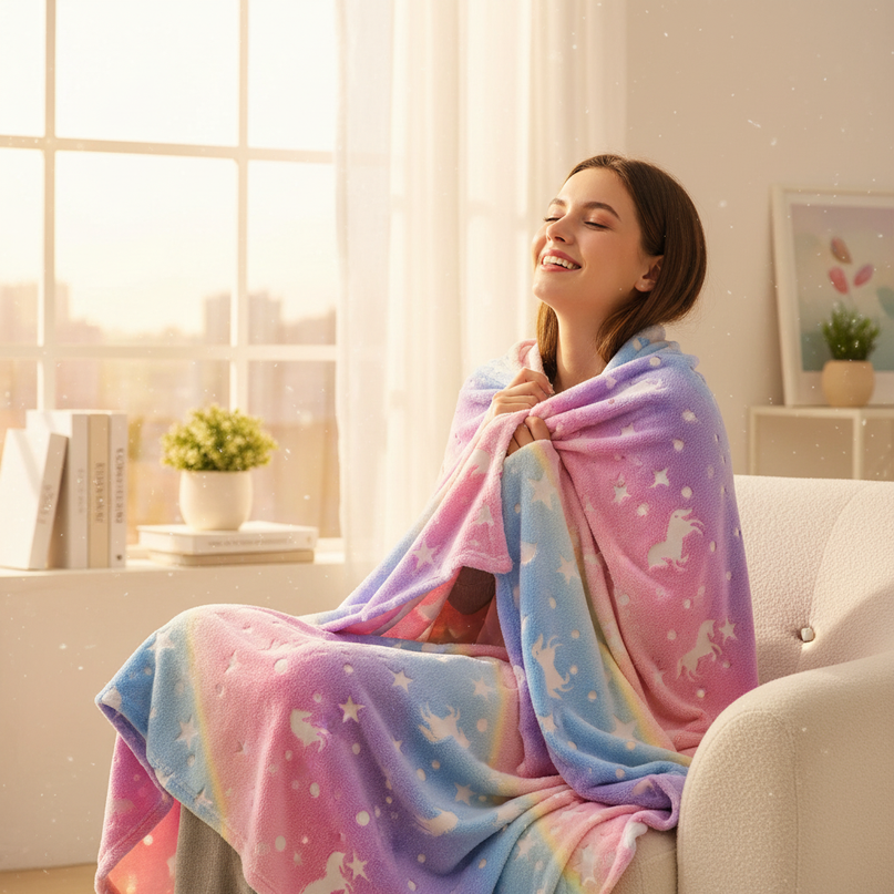 dreamy unicorn flannel blanket - in-use