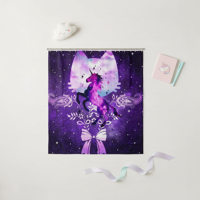 dreamy unicorn shower curtain - flat-lay