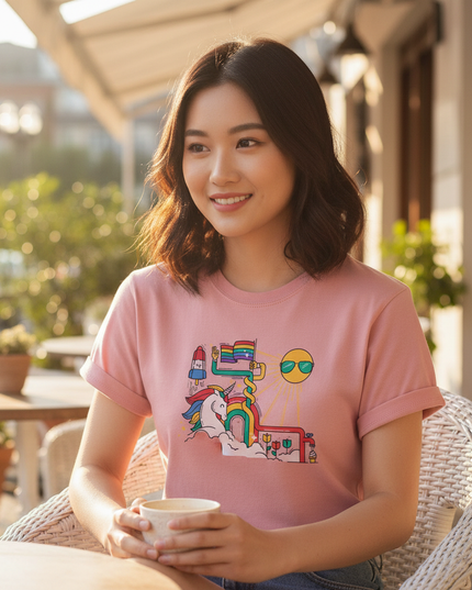 dusty pink unicorn shirt - in-use
