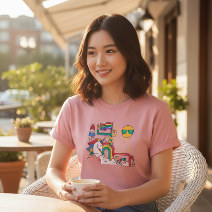 dusty pink unicorn shirt - in-use
