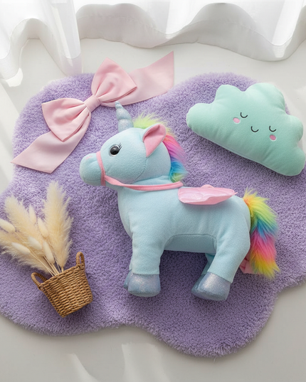 electric unicorn stuffed animal - flat-lay