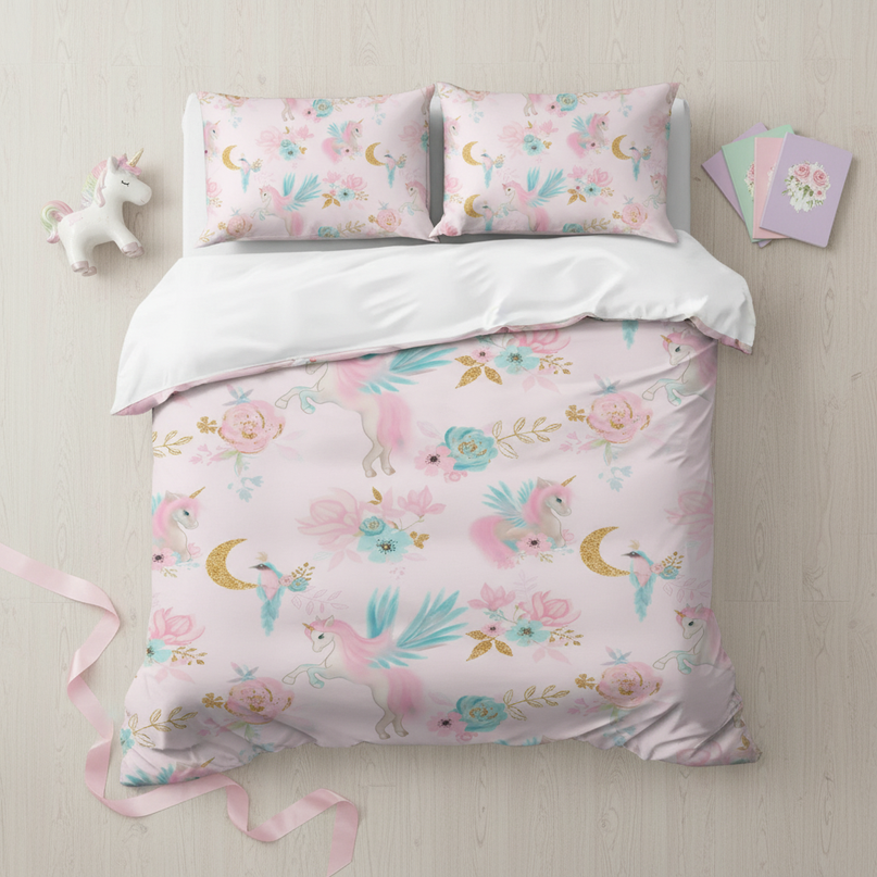 elegant unicorn bedding - flat-lay