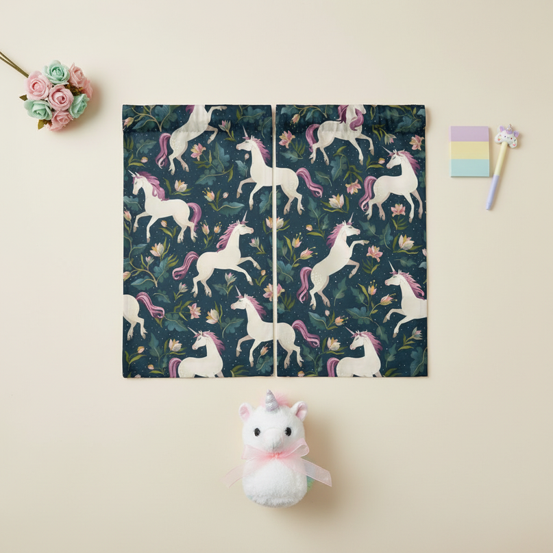 elegant unicorn curtains - flat-lay