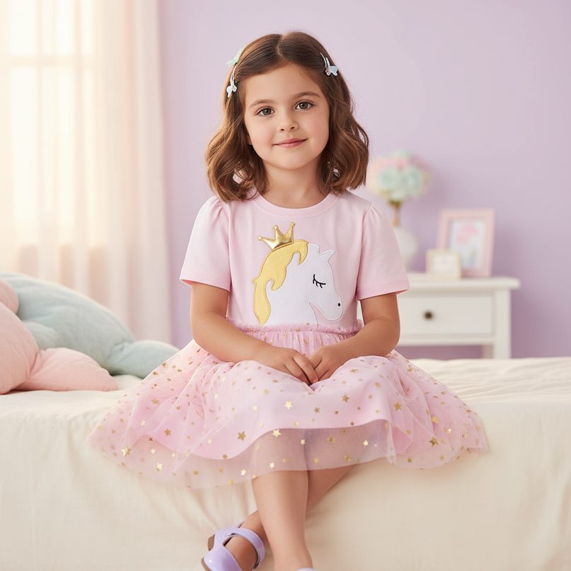 embroidered unicorn casual dress girls - sitting
