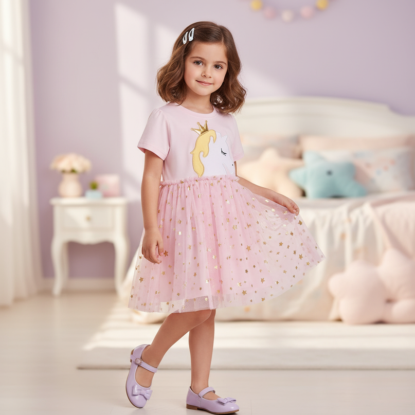 embroidered unicorn casual dress girls - three-quarter