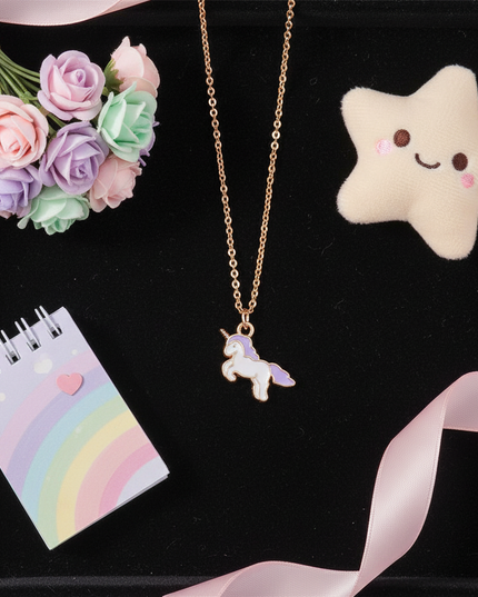 enamel unicorn necklace - flat-lay