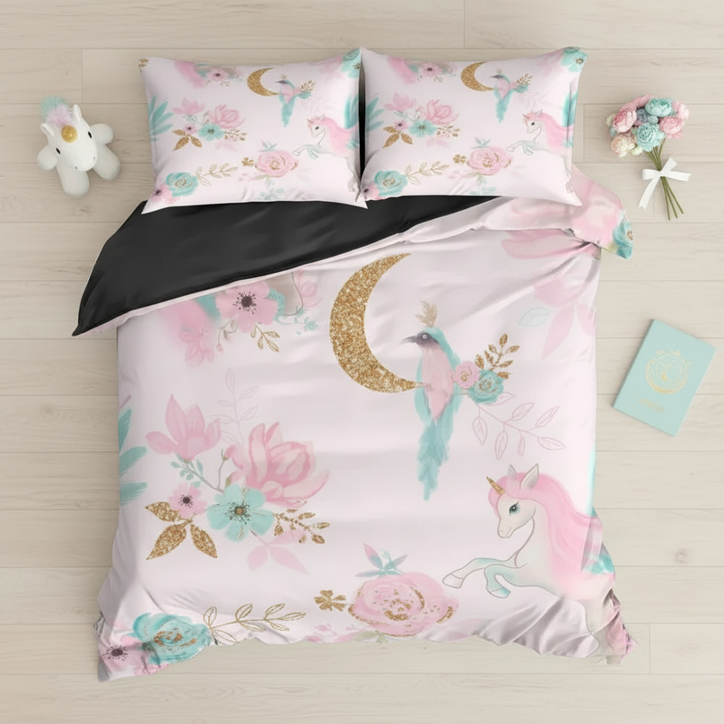 enchanted floral unicorn bedding - flat-lay