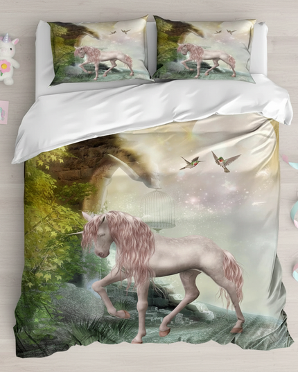 enchanted forest unicorn bedding - flat-lay