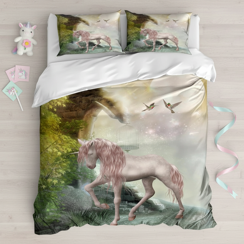 enchanted forest unicorn bedding - flat-lay