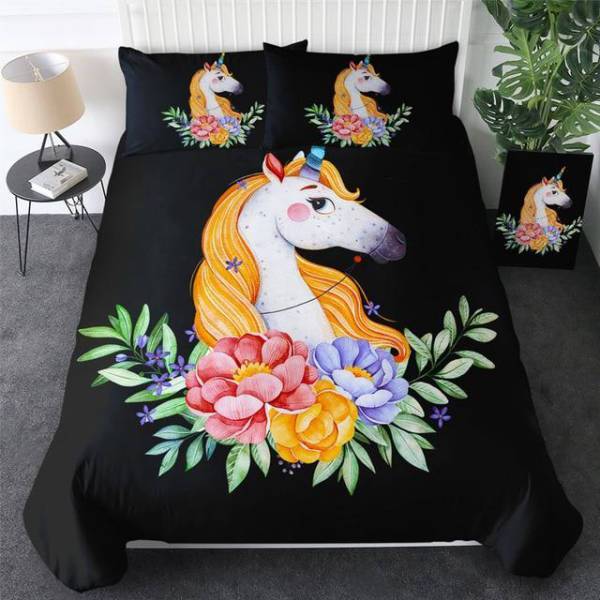 Multicolored Flowers Unicorn Bed Set
