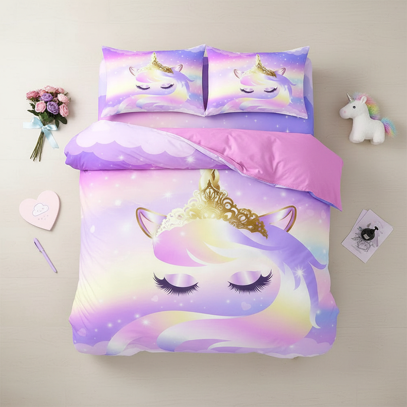 eyelash crown unicorn bedding - flat-lay