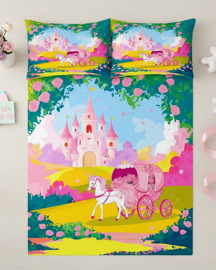 fairy tale carriage unicorn bedding - flat-lay