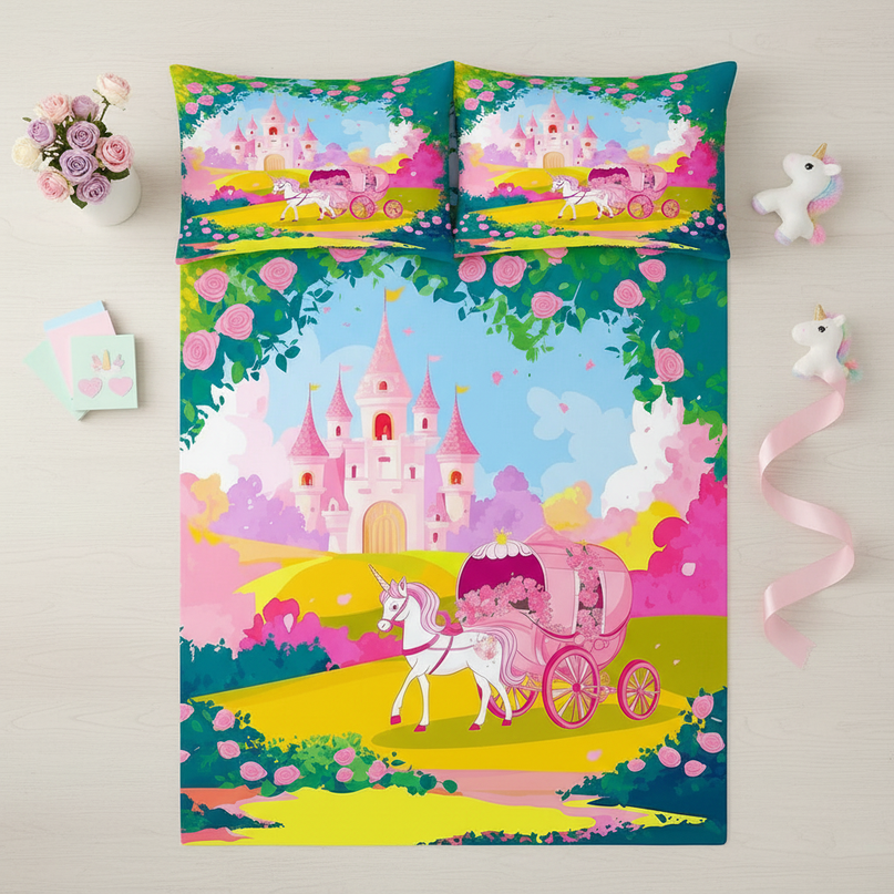 fairy tale carriage unicorn bedding - flat-lay