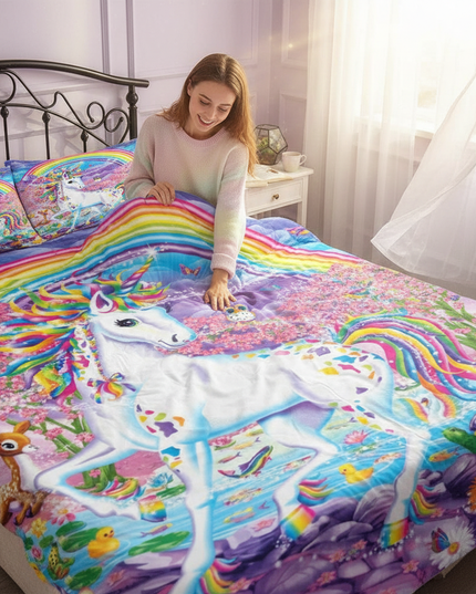 fantasy land rainbow unicorn bedding - in-use
