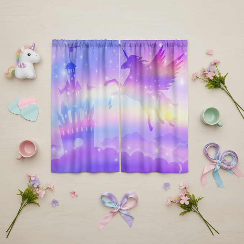 fantasy unicorn curtains - flat-lay